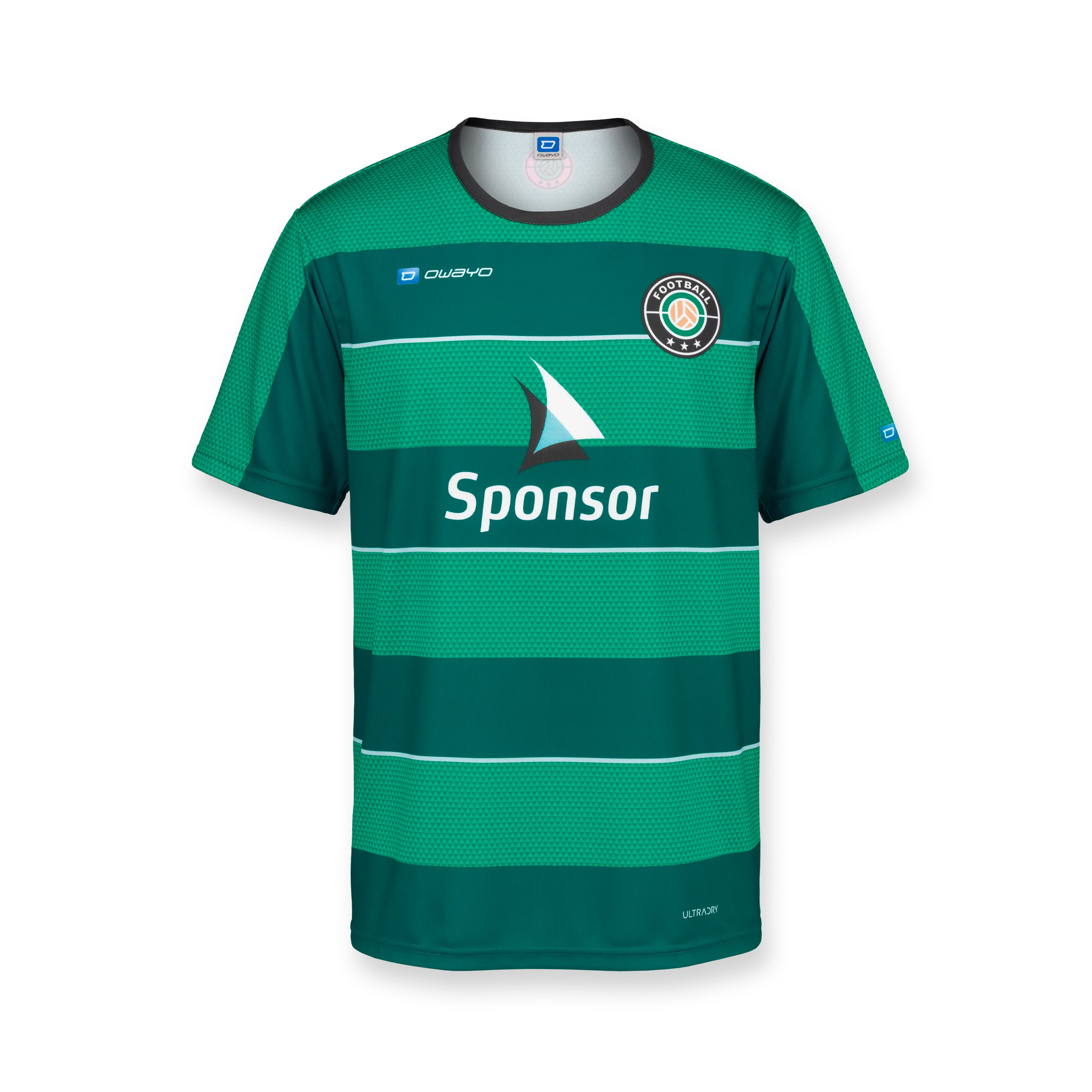 Grønn fotballdrakt med brede horisontale striper og rund krage, med et sponsorlogo på forsiden.