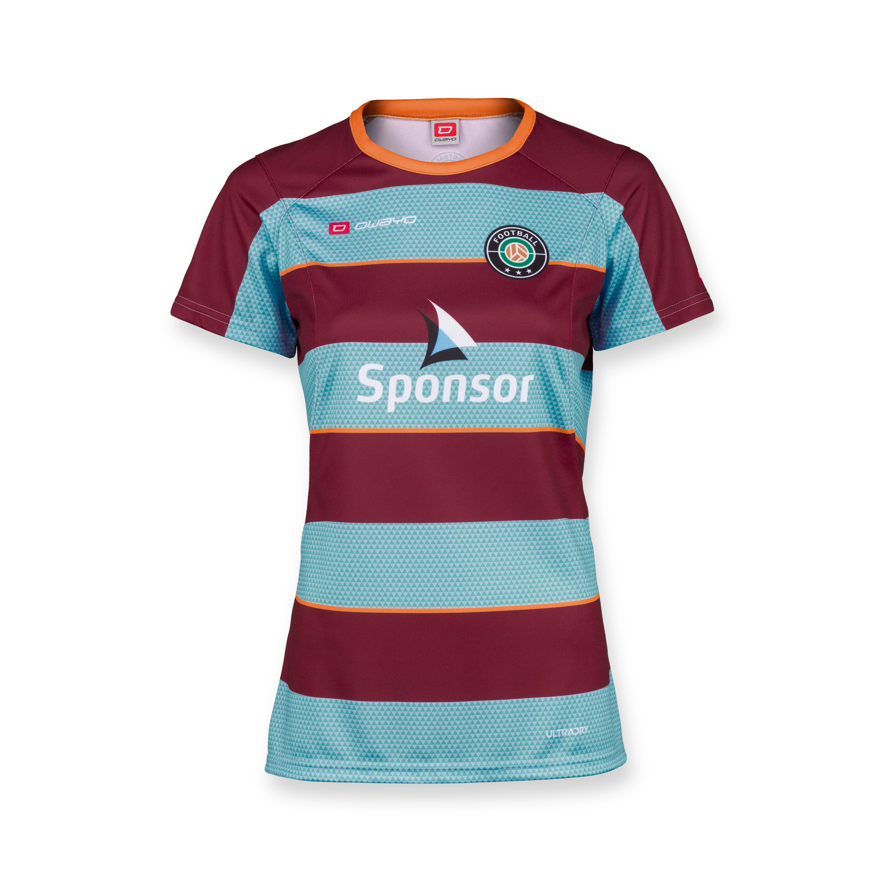 En rød og blå stripete sportstrøye med rund hals og et sponsorlogo på forsiden.