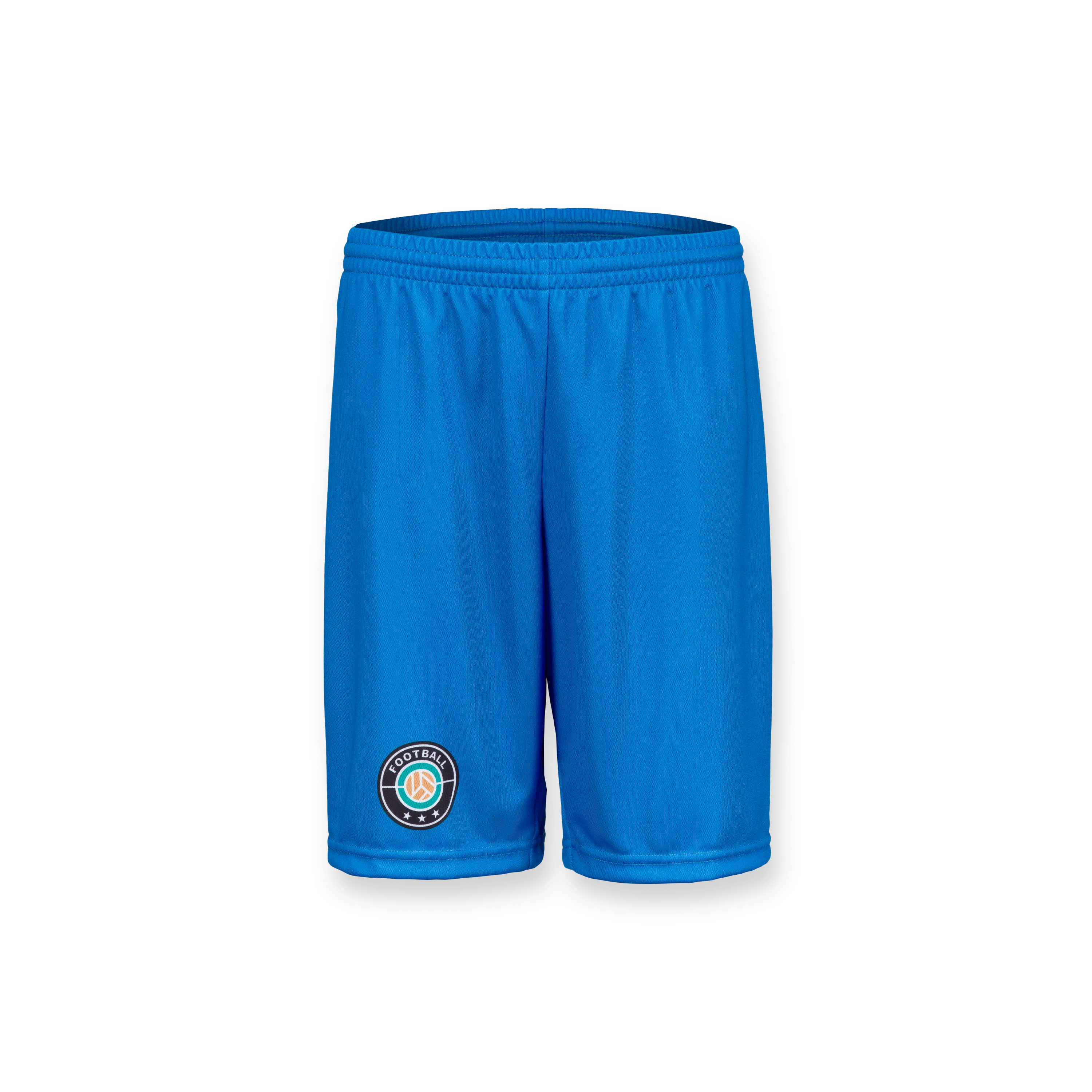 Blå sportshorts med elastisk midje og et rundt logo på venstre side.