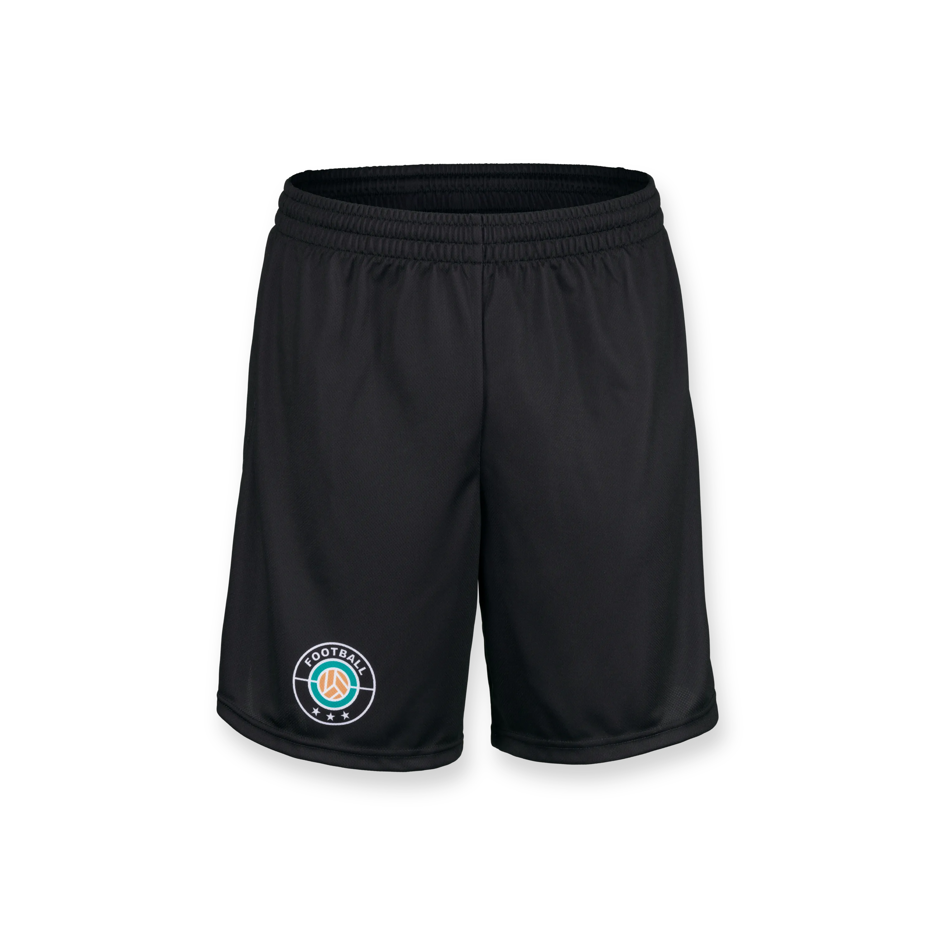 Svarte sportshorts med elastisk midje og et logo på venstre side.