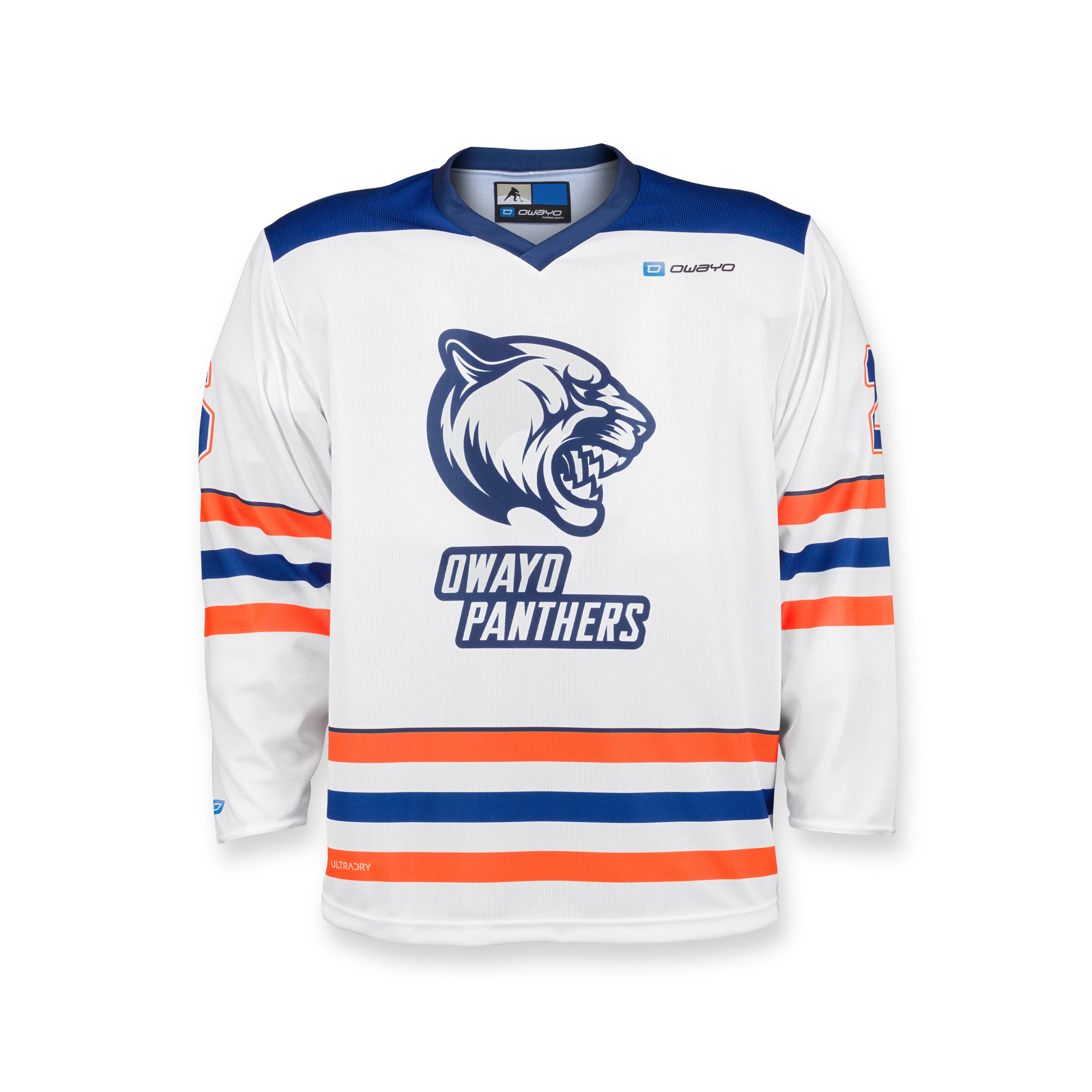 En hvit hockeytrøye med blå og oransje striper, med 'PANthers'-trykk og et panterhodet logo på forsiden.