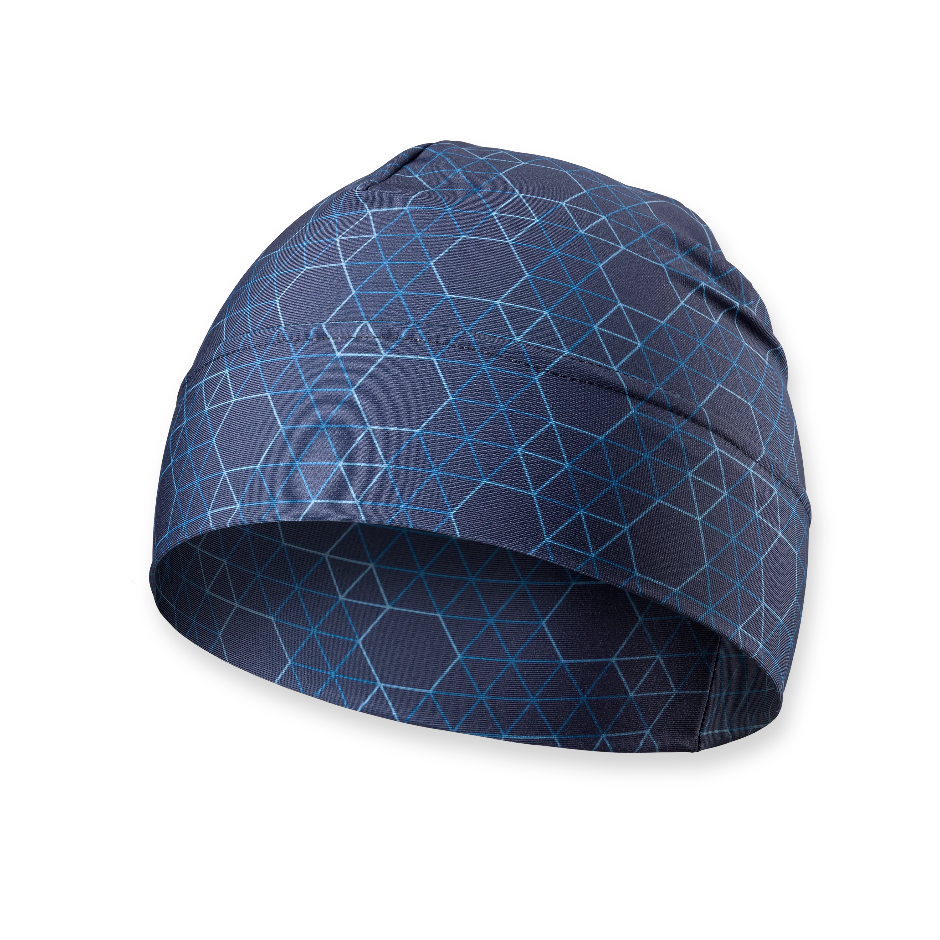 En mørkeblå lue med et geometrisk mønster av lyseblå linjer og hexagonale former.