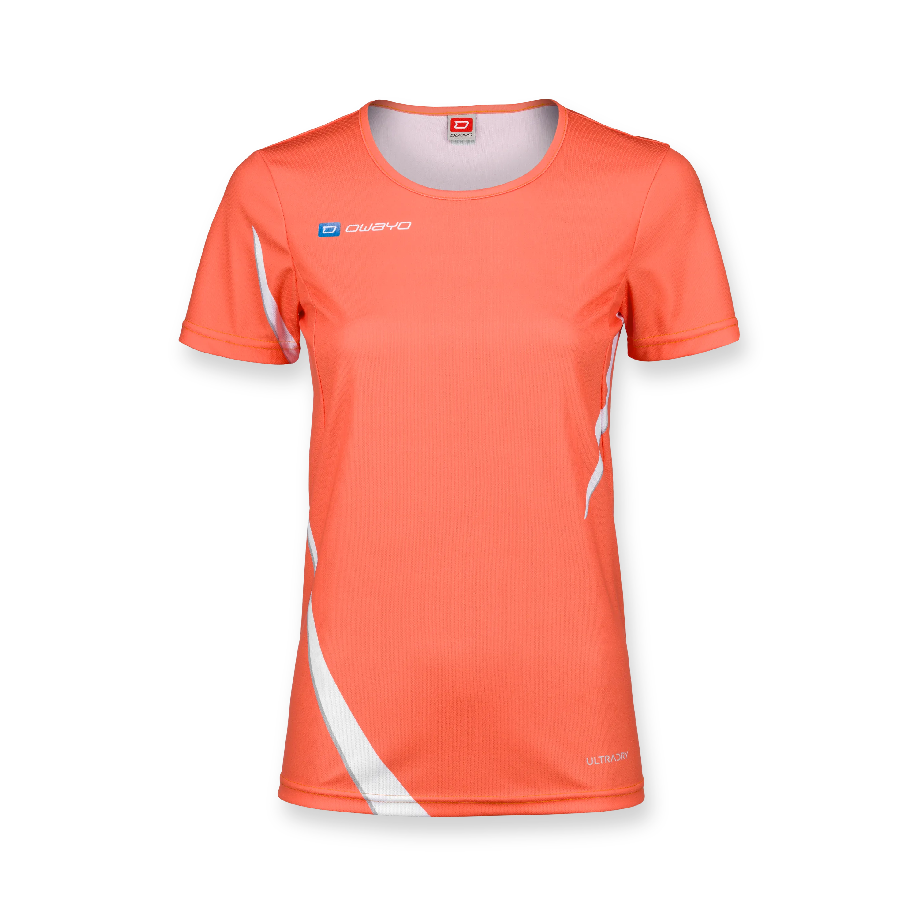 En lys oransje sporttrøye med hvite detaljer og rund hals.