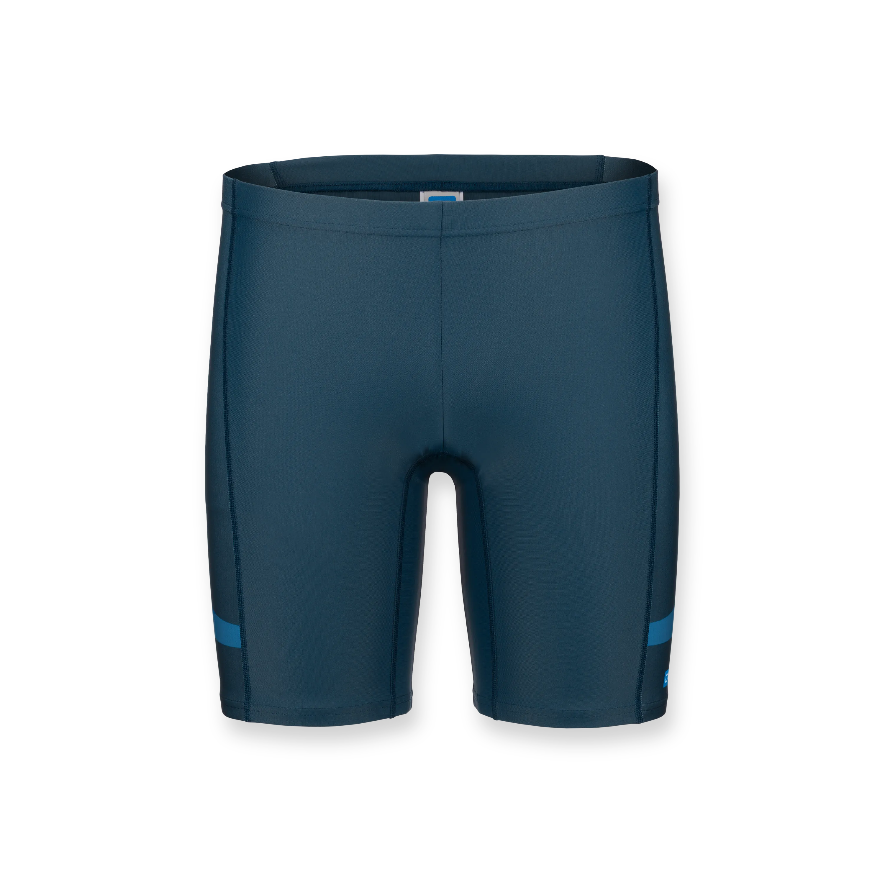 Mørkeblå, tettsittende sportshorts med blå detaljer på sidene.