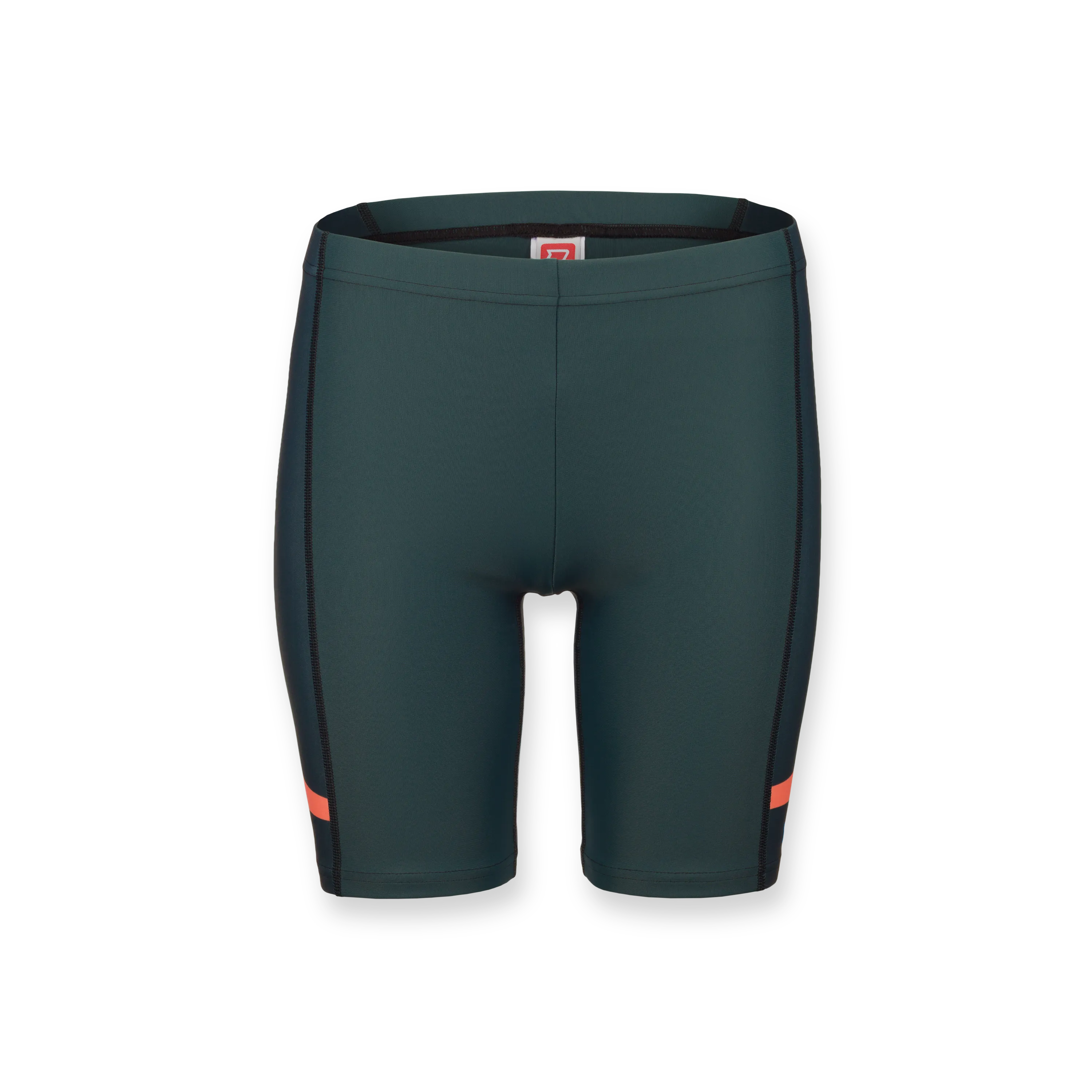 Mørkegrønne sportsshorts med svarte sidepaneler og en oransje stripe.