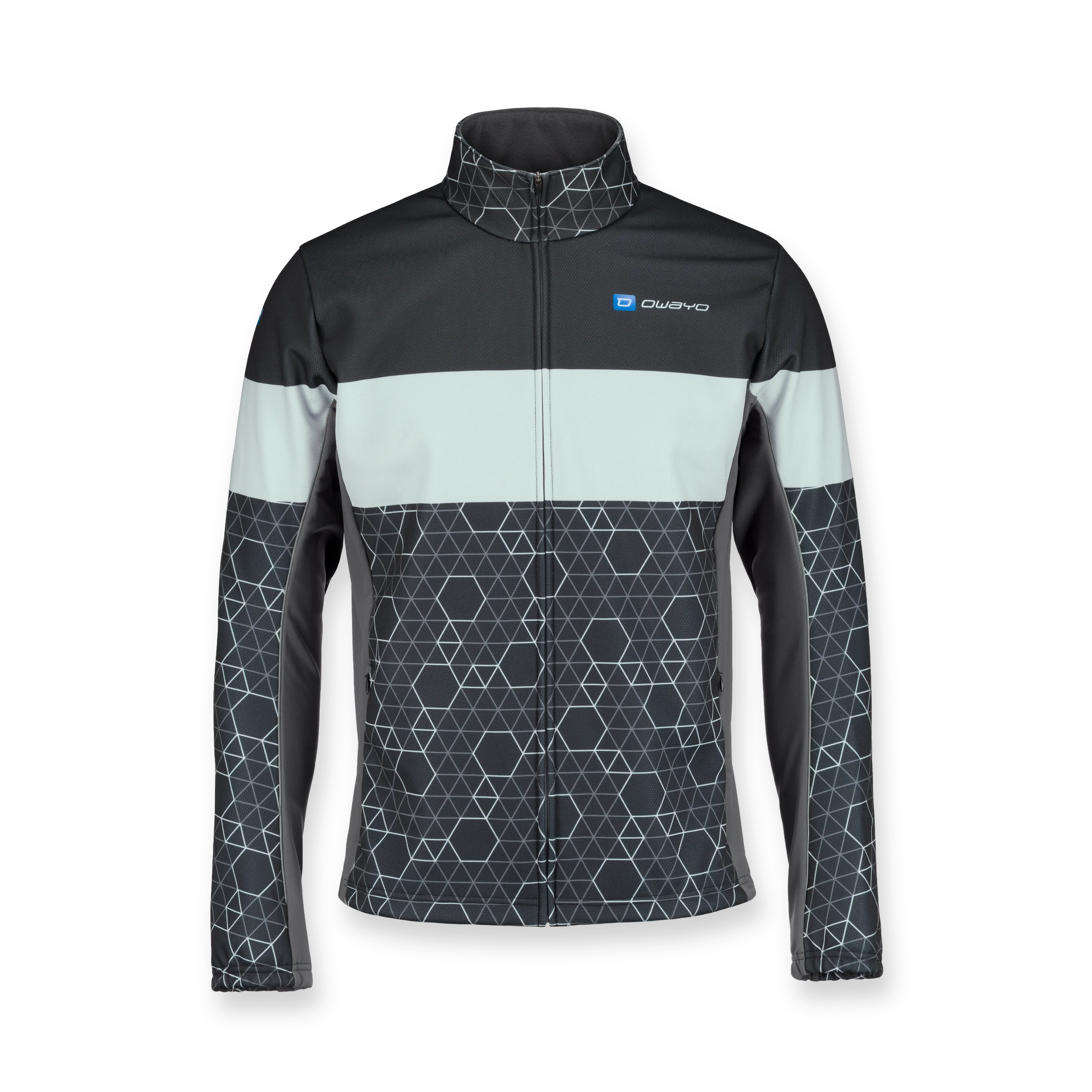Svart sportsjakke med geometrisk design og ståkrage.