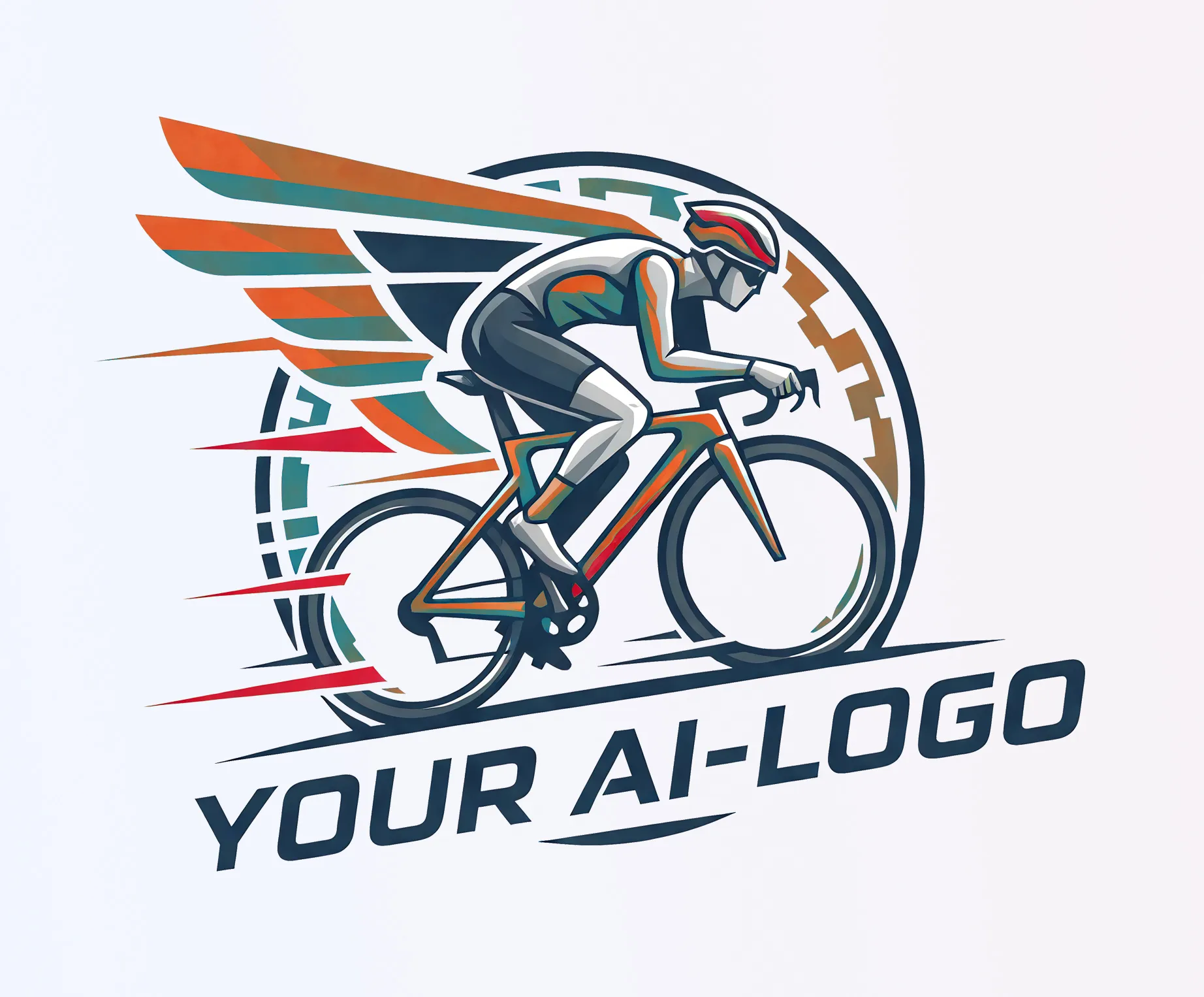 En stilisert syklist i en aerodynamisk posisjon på en sykkel, omgitt av fargerike vinger og hastighetslinjer, med teksten 'YOUR AI-LOGO' nedenfor.