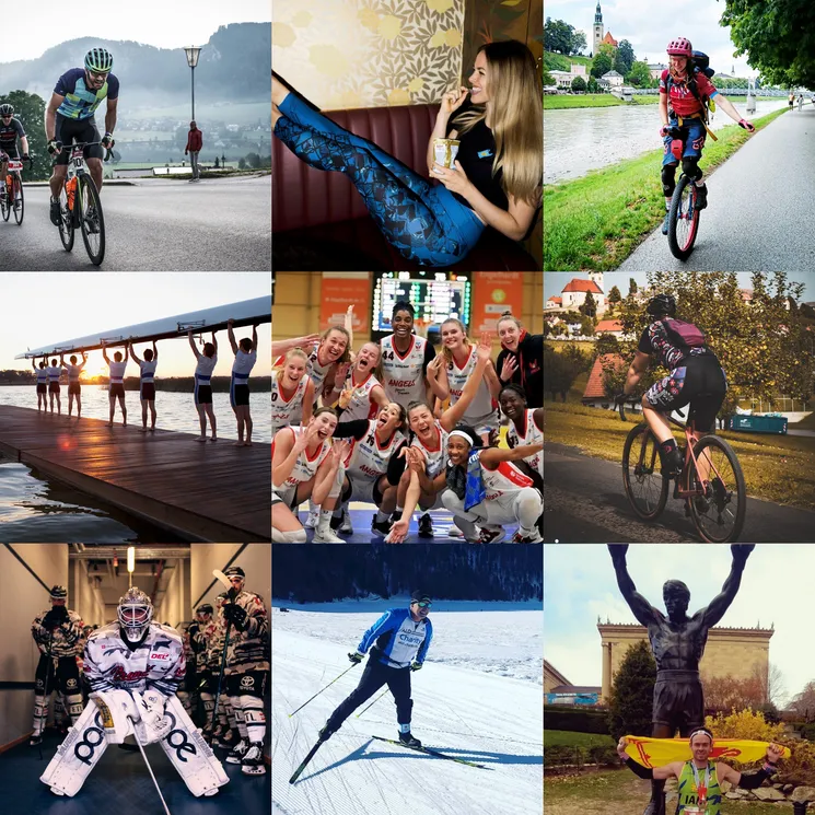 En collage med ni bilder viser ulike personer i ulike sporter, inkludert sykling, basketball, langrenn og terrengsykling, som bruker sportstøy fra owayo.