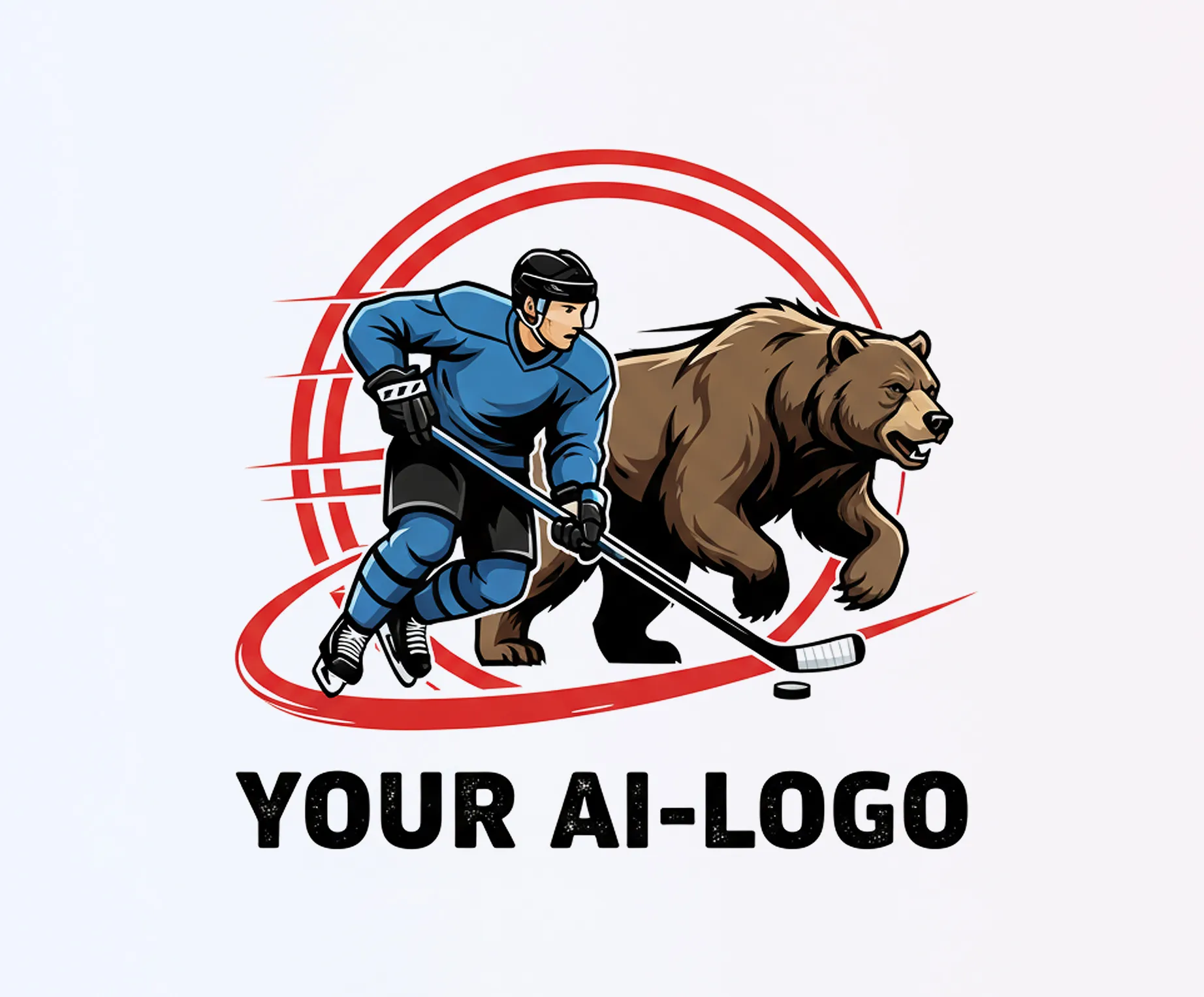 En hockeyspiller i blått trøye går på skøyter med en kølle ved siden av en bjørn.