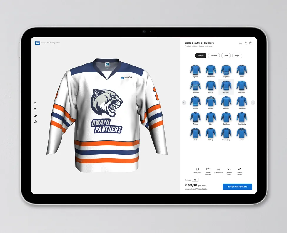 En tablet viser owayo 3D-konfiguratoren med en hvit ishockeytrøye med blå og oransje detaljer og et panterlogo.