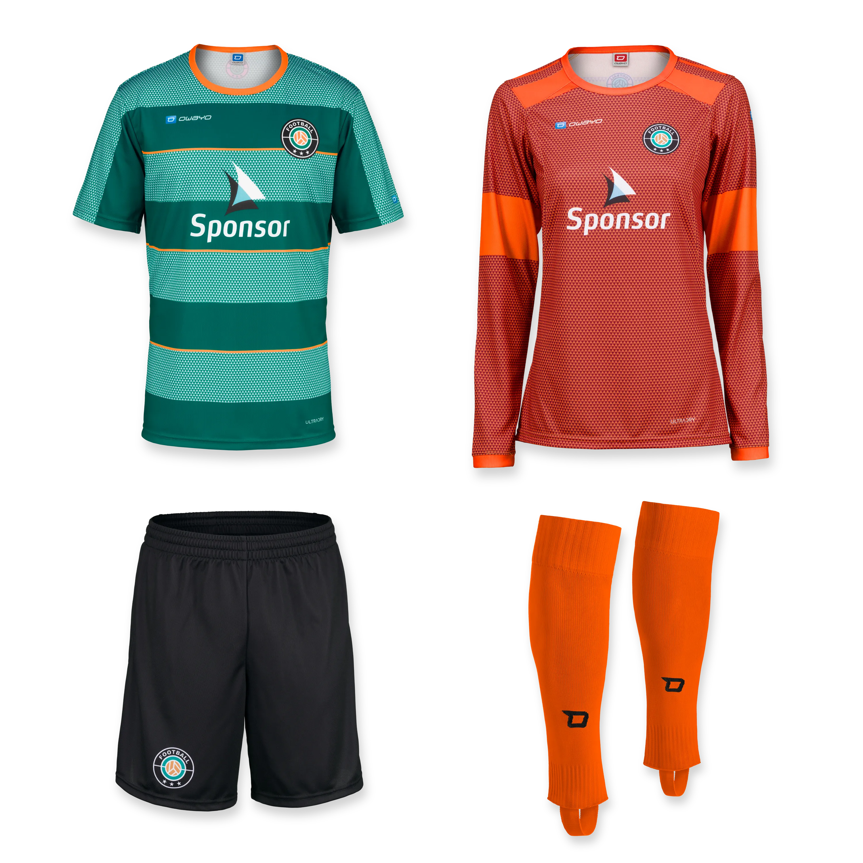 Et sett med to fotballdrakter, et par svarte shorts og et par oransje sokker, alt i forskjellige fargekombinasjoner.