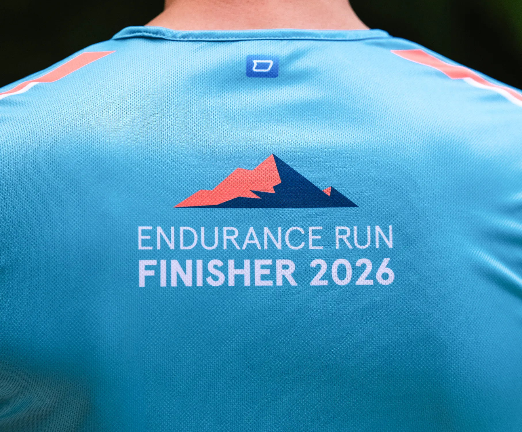En blå sportskjorte med trykket 'ENDURANCE RUN FINISHER 2026' og et stilisert fjellmotiv på baksiden.