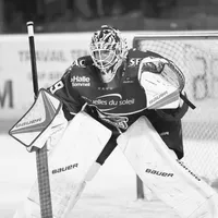 En ishockeyspiller i full utrustning, inkludert hjelm, beskyttelsesmaske, handsker og benbeskyttere, står i en forsvarsholdning på isen.