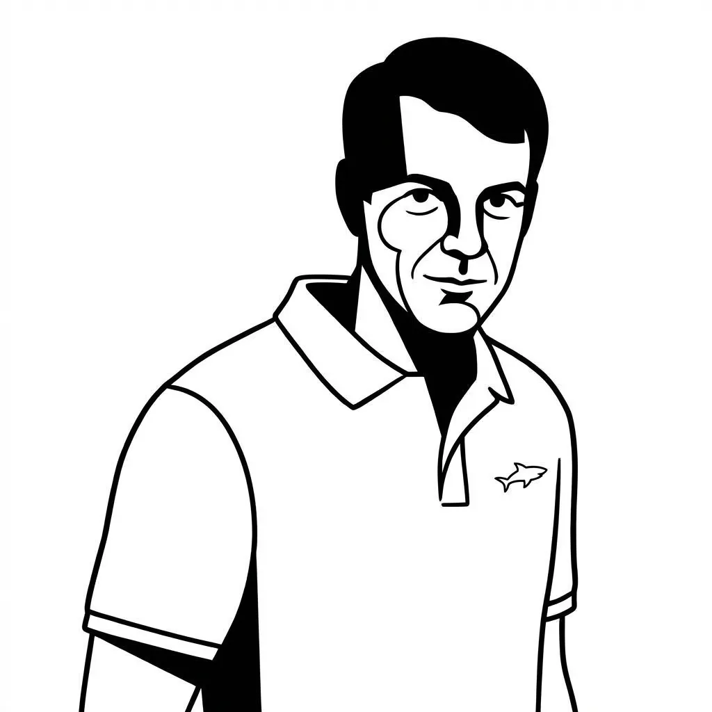En svart-hvitt tegning av en mann i et poloshirt med et haj-logo på brystet.