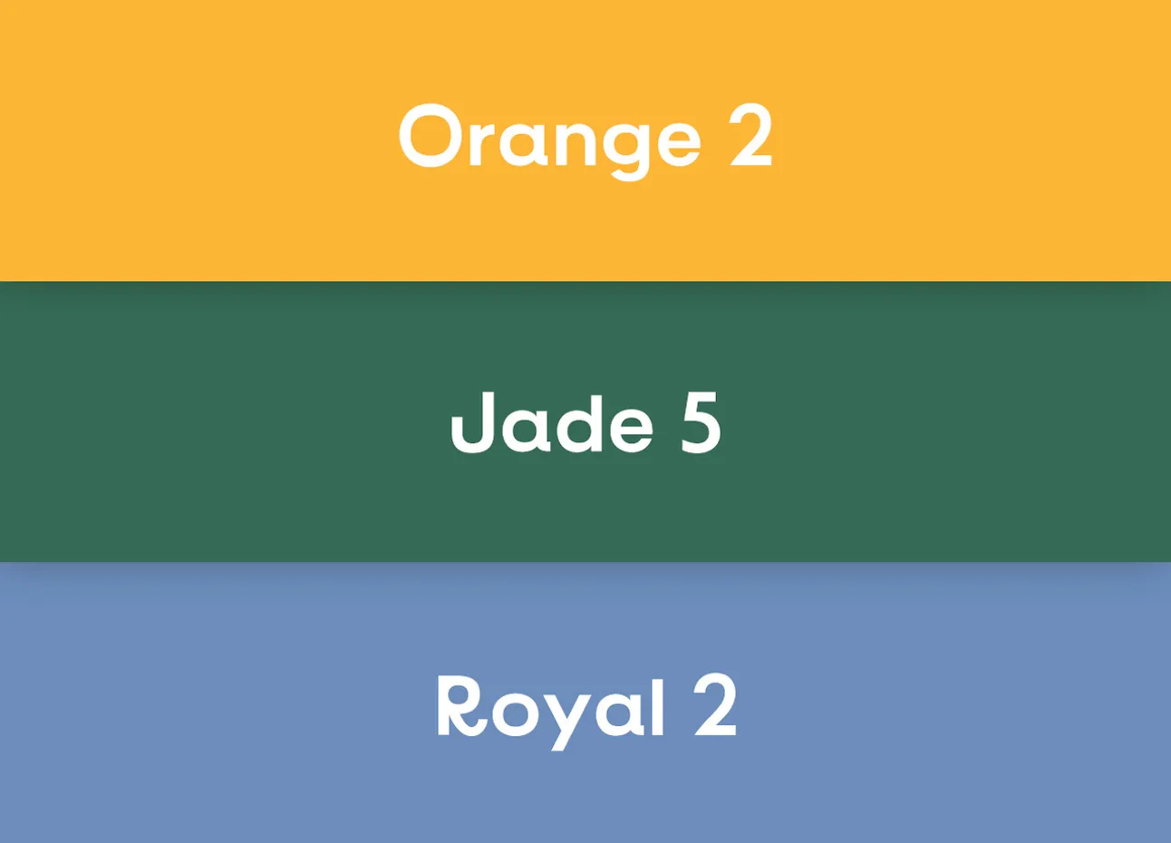 Tre horisontale fargeblokker i oransje, jade og kongeblå med merkene 'Orange 2', 'Jade 5' og 'Royal 2'.