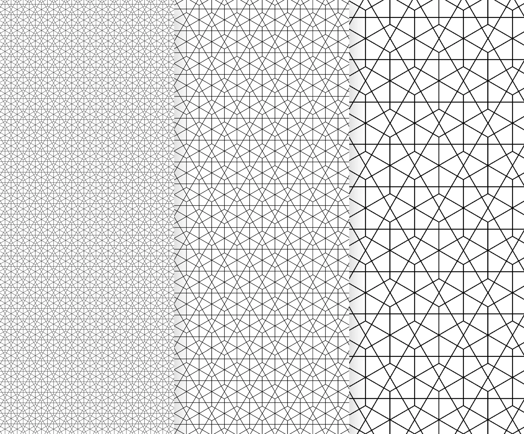 Tre vertikale paneler med ulike geometriske mønsterdesigner i svart og hvitt, egnet for tilpasset sportsklær.