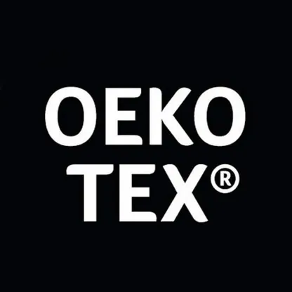 Bildet viser OEKO-TEX®-logoen i hvit skrift på svart bakgrunn.