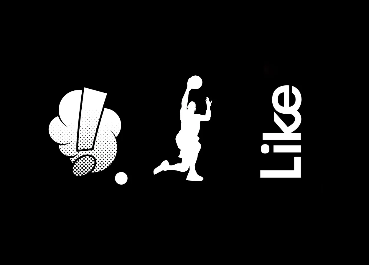 Hvit grafikk på svart bakgrunn med et tegneserie-taleboble-symbol, en silhuett av en basketballspiller og ordet 'Like'.