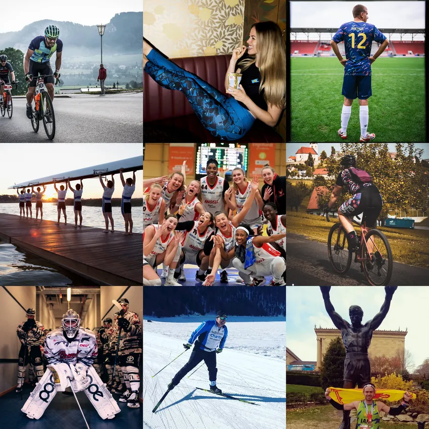 En collage av idrettsutøvere som deltar i ulike aktiviteter, inkludert sykling, basketball, roing og vintersport, alle iført sportsklær.