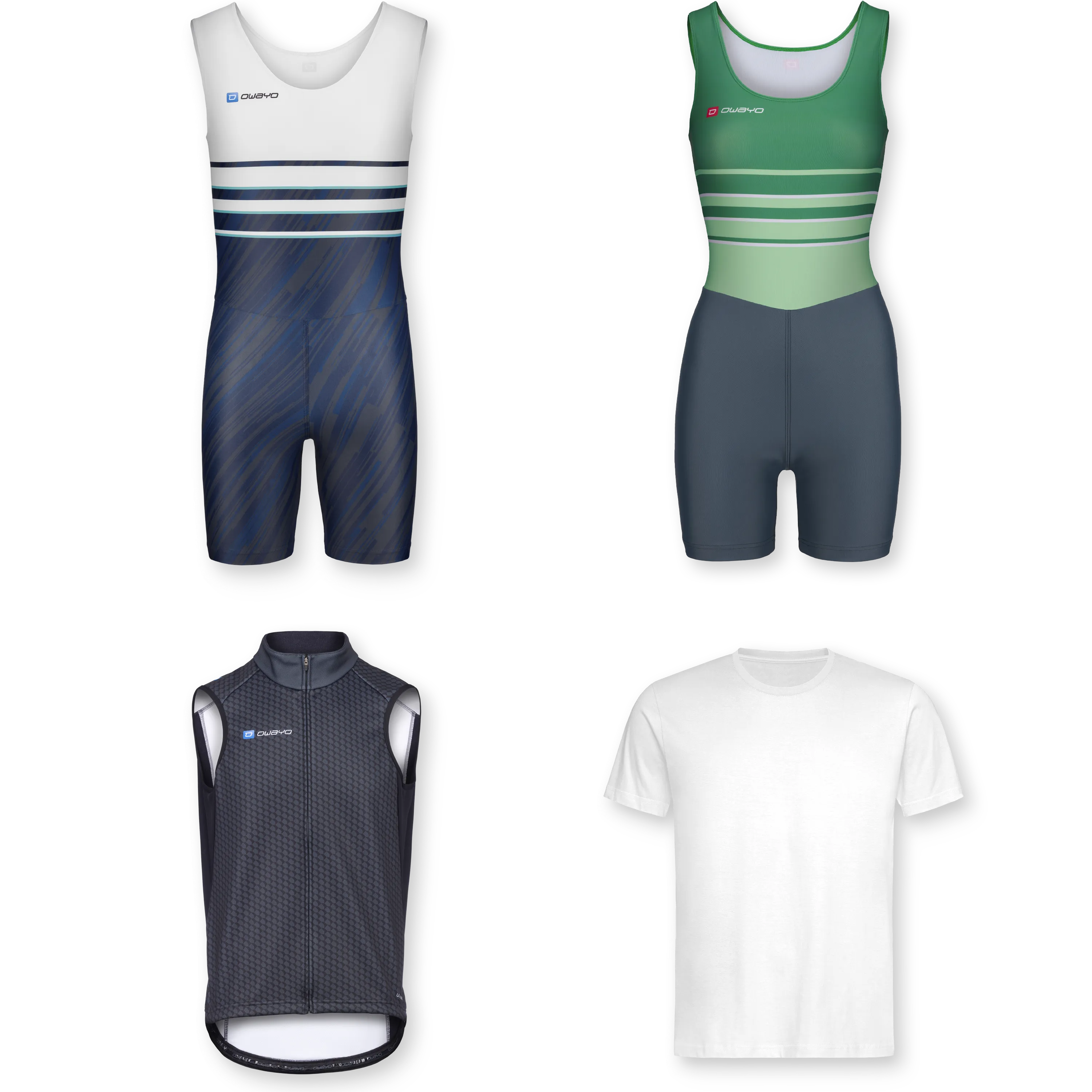 Alle produkter Ulike sportsklær for roing, inkludert heldrakter og en T-skjorte.
