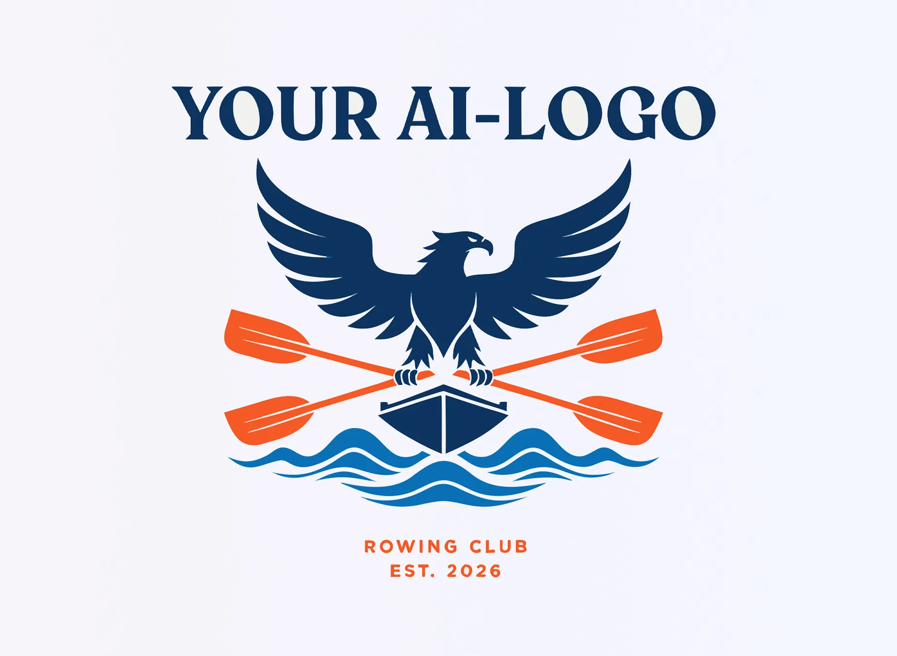 En stilisert logo av en roklubb med en ørn som holder en båt og to årer over bølger.