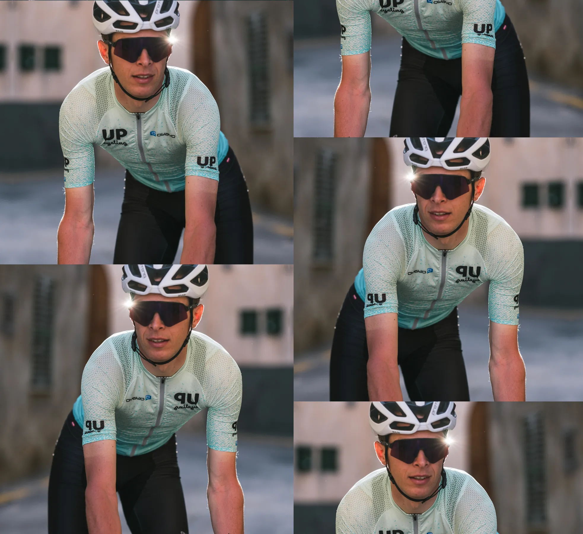 En syklist i en tilpasset lysblå trøye med logoen 'UP cycling' og 'owayo' på brystet, som sykler på en gate.