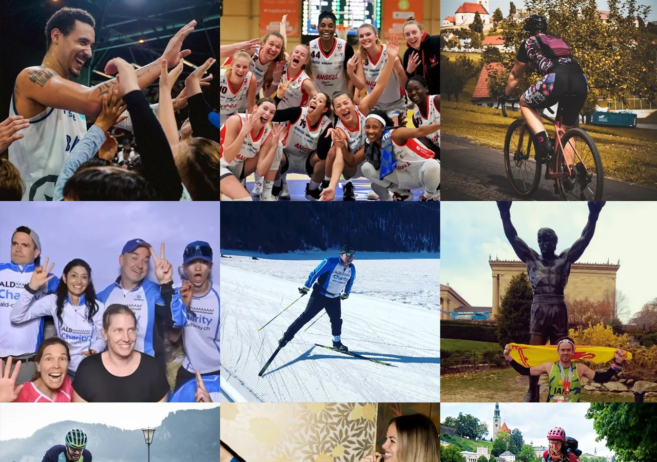 Kollasj av ni bilder som viser ulike idrettsutøvere og lag i aksjon, inkludert basketballspillere, basketballspillere, syklister, skiløpere, en gruppe ved en velgjøringsevent og en person med en medalje foran en statue.